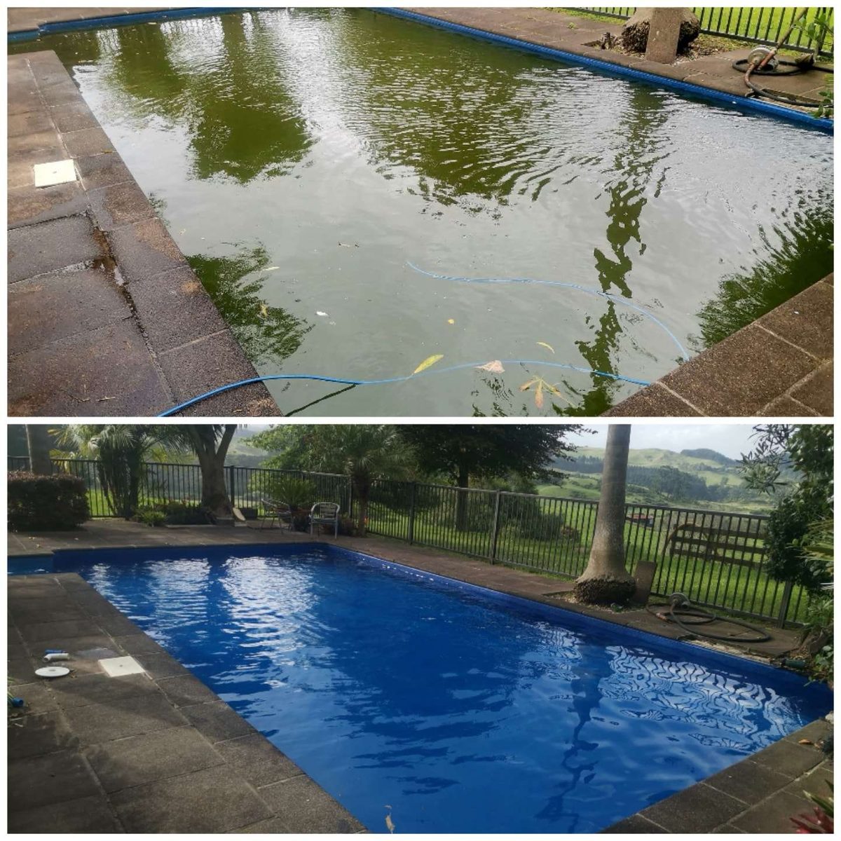A pool with green water before its clean, and the same pool with clear blue water afterwards